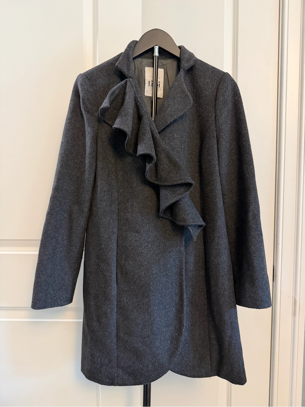 Tibi Asymmetrical Ruffle Wool Coat in Charcoal Grey